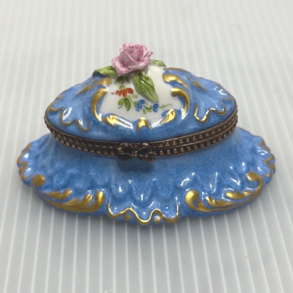 Limoges Trinket Box Blue New Rose Floral Gold Porcelain Chamart France